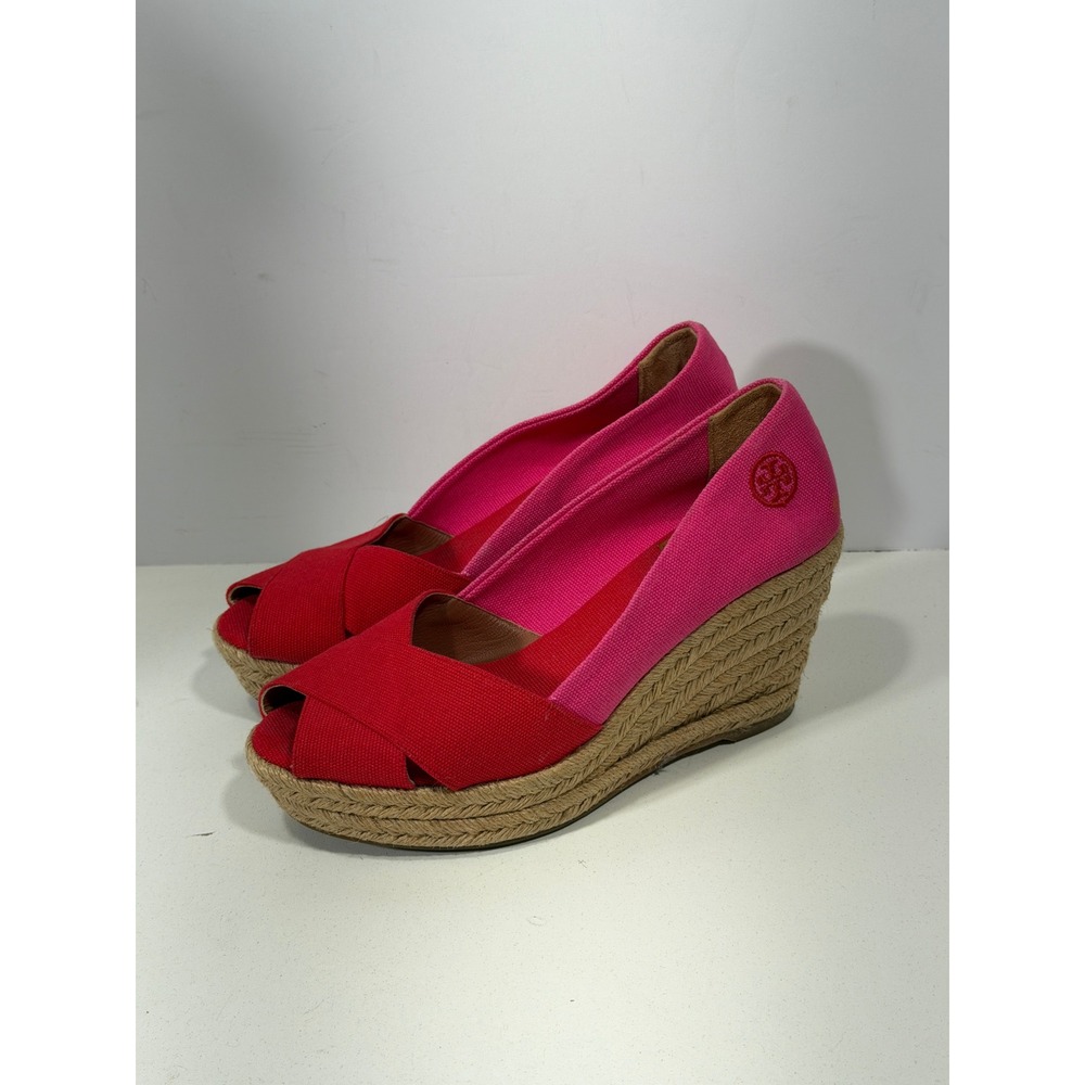 Tory Burch Canvas Espadrille Wedge Sandals Red Pink Colorblock Peep Toe Size 6